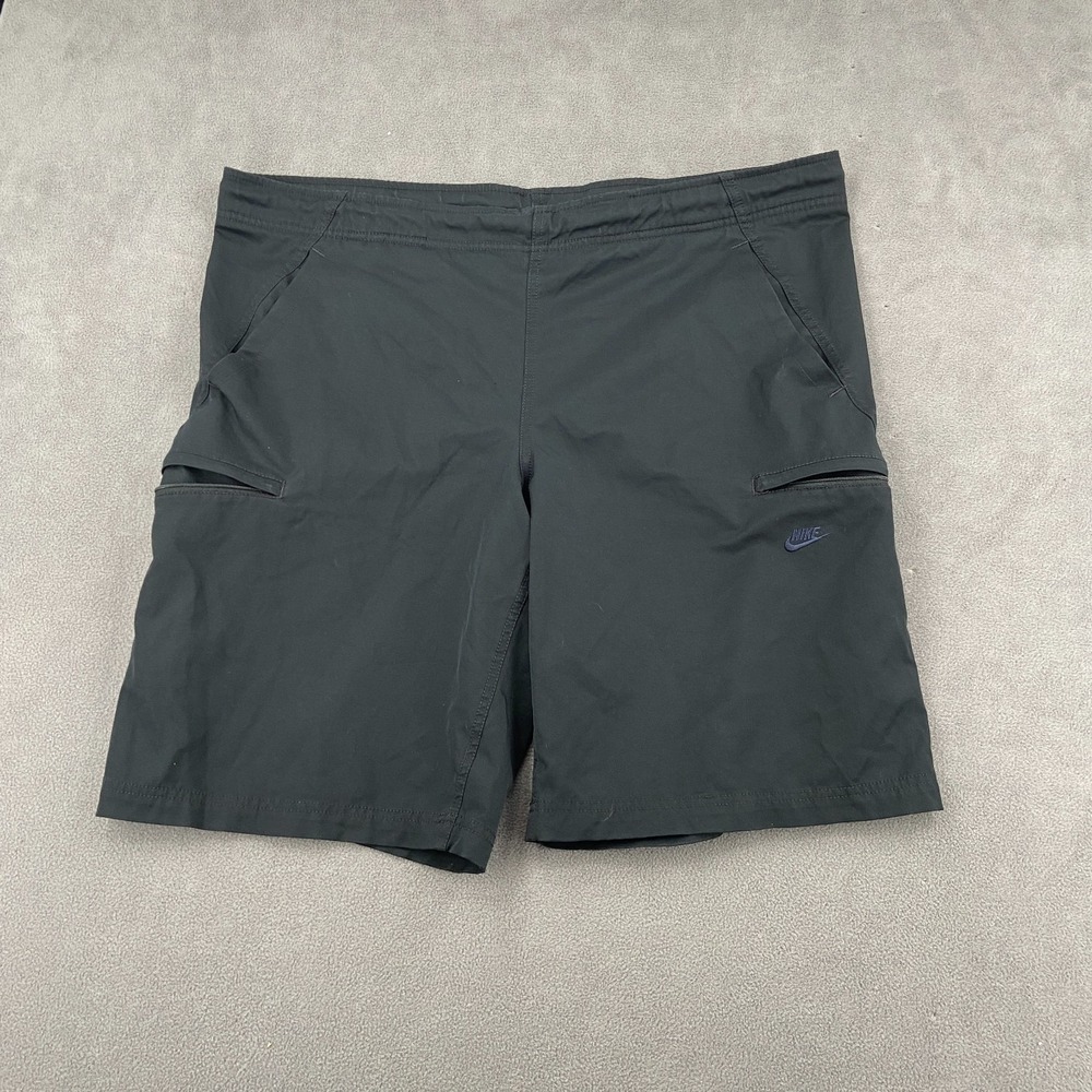 Nike Drill Cargo Shorts Mens Large Black Stretch Utility Zip Pockets Script Logo